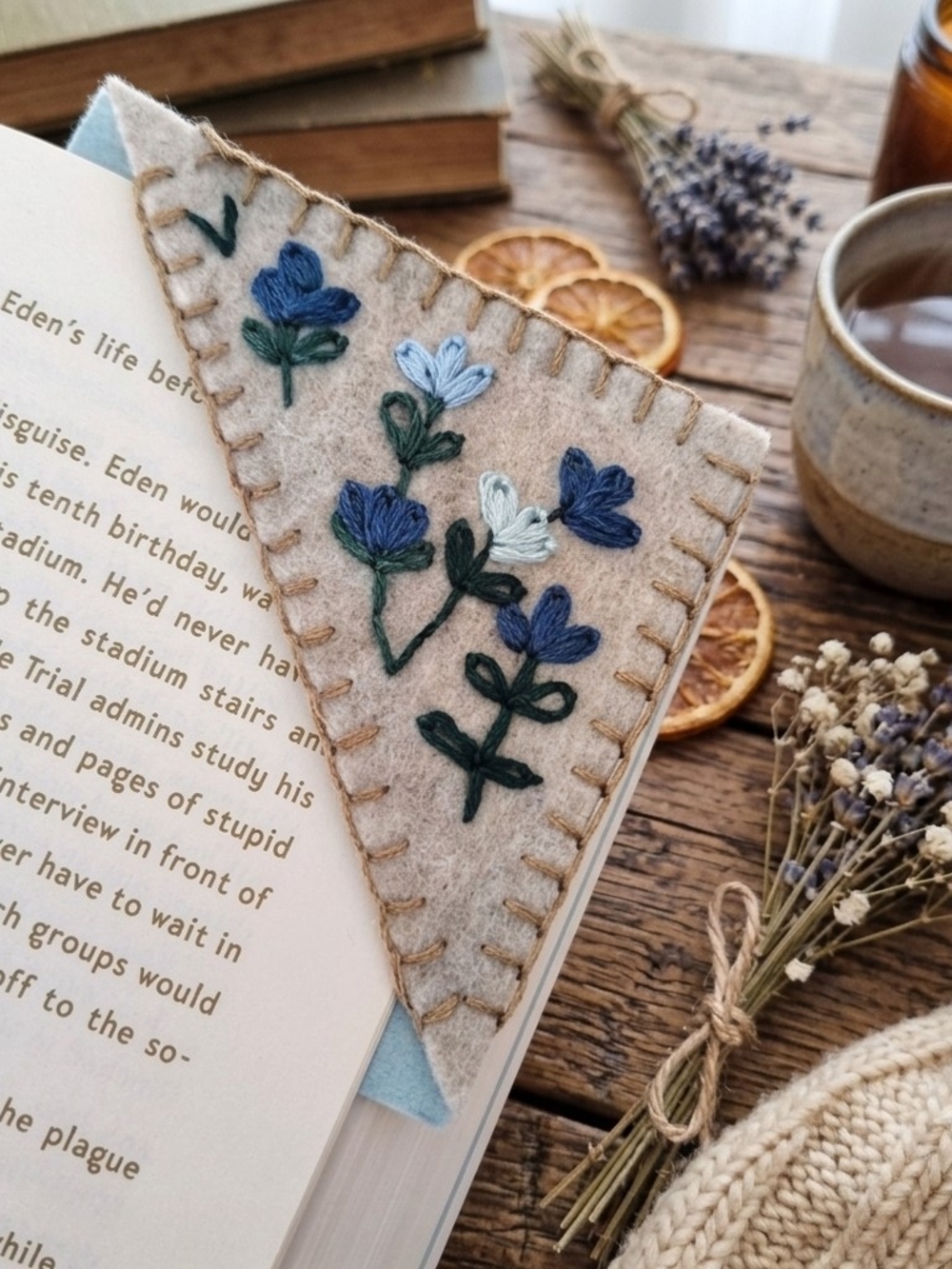 Handmade Embroidered Bookmark- Blue Floral